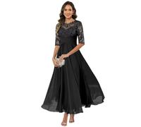 HUINI Women's Mother of the Bride Dress Chiffon Long Lace Formal Evening Dress Dresses Half Sleeve A-line Festive for Wedding, black, 12