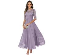 HUINI Women's Mother of the Bride Dress Chiffon Long Lace Formal Evening Dress Dresses Half Sleeve A-line Festive for Wedding, Wisteria, 28