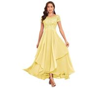 HUINI Women's Mother of the Bride Dresses for Wedding Lace Scoop Neck Short Sleeve Ruffle Chiffon Formal Evening Dress, yellow, 8