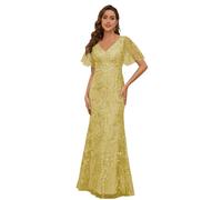 HUINI Women's Mother of the Bride Dresses for Wedding Lace Short Sleeve Elegant Mermaid Wedding Formal Dress Evening Dress, yellow, 14