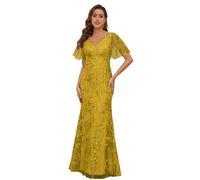HUINI Women's Mother of the Bride Dresses for Wedding Lace Short Sleeve Elegant Mermaid Wedding Formal Dress Evening Dress, Mustard Yellow, 16