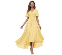 HUINI Women's Mother of the Bride Dresses for Wedding with Sleeves Lace Appliques Tea Length Formal Evening Dress, yellow, 6