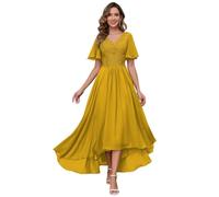 HUINI Women's Mother of the Bride Dresses for Wedding with Sleeves Lace Appliques Tea Length Formal Evening Dress, Mustard Yellow, 14
