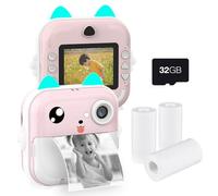 HUIOP Mini Printer,Portable Children Instant Thermal Print Kid Camera 2.4 Inch Screen Digital Camera Photo Selfie HD Video Thermal Inkless Printing with 32GB Memory Card 3 Rolls White Print Paper