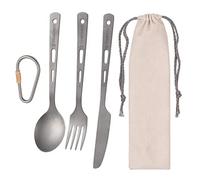 HUIOP Titanium 3 Piece Cutlery Set Lightweight Spoon Fork Cutter with Carabiner and Drawstring Sack for Outdoor Camping Hiking Backpacking Picnics Tableware,titanium flatware