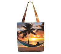 HUIopq Coconut Beach Sunset Hammock Print Reusable Canvas Shoulder Bag Large Tote Shopping Lightweight Travel Beach Picnic