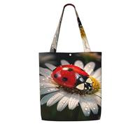 HUIopq Ladybug Flower Print Reusable Canvas Shoulder Bag Large Tote Shopping Lightweight Travel Beach Picnic