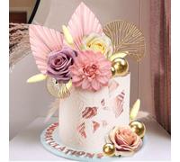 Huipalon 12 Pcs Birthday Cake Toppers Flower Cake Decorations Artificial Flowers Paper Palm Fan Cake Toppers for Birthday Party Wedding Cake Decor (Pink)
