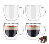 Huipalon 4 Pcs Espresso Cups 2.7oz Glass Espresso Cups Double Wall Insulated Clear Small Expresso Coffee Cup with Handle Coffee Lovers Gift 80ml