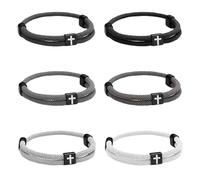Huipalon 6 Pcs Unisex Adult Modern Cross Bracelet Set - White, Black, Dark Grey, Light Grey, Navy Blue - Adjustable Rope Chain - Wristband - Christian Gifts