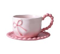 Huipalon Bow Cup and Saucer Set 350ml Pink Bow Ceramic Coffee Mug Cute Mug Gifts for Women Girl Daughter Sister Bestie Friends Birthday Preppy Pink Stuff for Home School Office Use