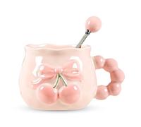 Huipalon Coffee Mugs with Spoon Set 3D Embossed Bow Design Pink Ceramic Coffee Mug for Latte Tea Chocolate Cute Mug Gift for Women Girls Bestie Friends Mom Daughter Sister Birthday Christmas 300ml