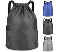 huipinghu Large Capacity Drawstring Backpack | Gym Sack with Outside Zipper & 2 Side Pockets | Unisex Sport Bag for PE Class, Gym & Travel - Water-Resistant, Durable (Black)