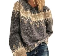HUIPYOU Women's Fall/Winter Round Neck Casual Loose Mohair Coarse Knit Jacquard Women's Sweater Grey