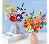 HUIQIBAO Flower Bouquet Building Blocks Kit DIY Everlasting Flower Romantic Bricks DIY Kids Toys for Girls Friends Adult Gift A7 With vase and box