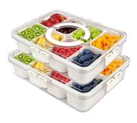 HUIQIHANG 2PCS Divided Snackle Box, Snack Tray with Lid and Handle, Reusable Tray 8 Removable Compartment Box for Kitchen Party Picnic, Snack Boxes for Nuts Chips Veggie Spices Candy Fruits and Dip