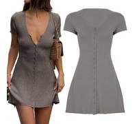 HUIQINGLI Women Sexy V Neck Button Down Knitted Short Dress, Elegant Short Sleeve Ribbed Flowy Hem A-Line ShortDress Knit Mini Dress (L,Grey)