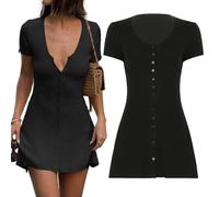 HUIQINGLI Women Sexy V Neck Button Down Knitted Short Dress, Elegant Short Sleeve Ribbed Flowy Hem A-Line ShortDress Knit Mini Dress (M,Black)