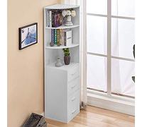 Huisen White Living Room Bookcase Storage Cabinet Corner Slimline Tall Bookcase with 4 Drawers Wood Bathroom Unit Cupboard Sideboard Cabinet for Small Space