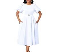 HuiSiFang Women's Elegant Dress High Waisted Ruched Solid Color A Line Puff Sleeve Dresses Pleated Maxi Dress with Belt, White, XXL