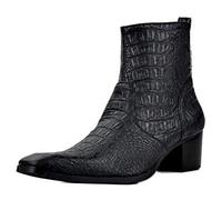 HuitJours Genuine Leather Mens Crocodile Snakeskin Embossed Boots Ankle Dress Elevator Taller High Heel Slip on Metal Inner Zippers Height Increas Pointed, Black, 11.5