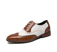 HuitJours Men Oxford Dress Shoes Multicolor Brogues Wing Tips Lace Up Patchwork Two Tone Color Matching Punched Round Toe, A-brown and White, 9.5
