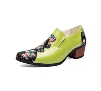 HuitJours Men Printing Elevator High Heel Slips on Oxford Dress Shoes Two Tone Color Pull on Flowers Loafer Vintage Party Night Club Shoes, Green, 9.5
