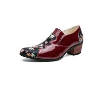 HuitJours Men Printing Elevator High Heel Slips on Oxford Dress Shoes Two Tone Color Pull on Flowers Loafer Vintage Party Night Club Shoes, Red, 7 UK