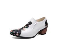HuitJours Men Printing Elevator High Heel Slips on Oxford Dress Shoes Two Tone Color Pull on Flowers Loafer Vintage Party Night Club Shoes, White, 7 UK