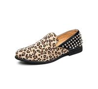 HuitJours Men's Casual Leopard Print Slip-On Loafer,Classic Simple Pull on Rivet Two Color Dress Shoes, Rivet Leopard, 5.5 UK