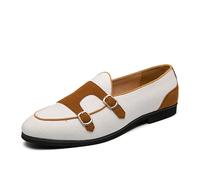 HuitJours Men's Two Tone Color Double Monks Strap Loafer Pull on Slips On Apron Round Toe Fashion Shoes, White, 4.5 UK
