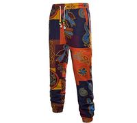 Huixin Mens Linen Pants Tribal Patchwork Print Aztec Loose Tapered Trouser Pants Men's Patchwork Summer Festival Hippy Casual Trousers (Orange,4XL)