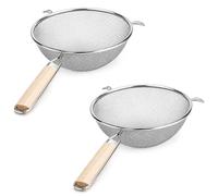 Huji Stainless Steel Fine 8" Double Mesh Food Strainer Colander Sieve Sifter with Wooden Handle for Kitchen Rice Pasta Noodles (2 Pack)
