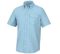HUK Men's Standard Tide Point Solid Short Sleeve Shirt, Button, Crystal Blue, Medium