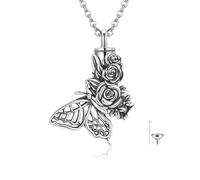 HUKKUN Butterfly Roseflower Urn Necklace Sterling Silver Butterfly Ashes Keepsake Cremation Jewelry Memorial Gifts for Women Loss Loved One