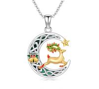 HUKKUN Christmas Necklace Sterling Silver Reindeer Pendant Celtic Christmas Tree Necklace Reindeer Jewelry Gifts for Women