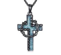 HUKKUN Cross Necklace With Crown of Thorns Necklace Sterling Silver Created Turquoise Cross Pendant Necklaces Faith Crown of Thorns Jewelry Christmas Gifts for Women