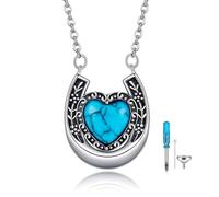 HUKKUN Horseshoe Necklace for Ashes Sterling Silver Turquoise Horseshoe Cremation Necklace Turquoise Heart Ashes Jewellery Gifts for Women