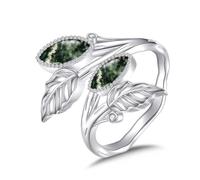 HUKKUN Marquise Shape Open Leaf Ring S925 Sterling Silver Water Grass Agate Olive Leaf Jewelry Gifts for Women Mother Mom Wife