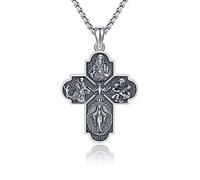 HUKKUN Miraculous Medal Sterling Silver Four Way Cross Necklace Sacred Heart Saint Chistopher St Joseph Virgin Mary Necklace Scapulars Catholic Jewelry Gift for Men