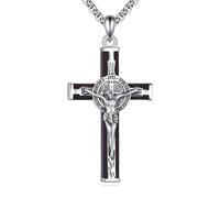 HUKKUN St Benedict Necklace Men Sterling Silver St Benedict Crucifix Medal Wood Cross Necklace San Benito Jewelry Gifts for Men