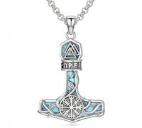HUKKUN Thor Hammer Necklace Sterling Silver Thor Hammer Tree of Life Pendant Created Turquoise Pendant Viking Tree of Life Jewelry for Men