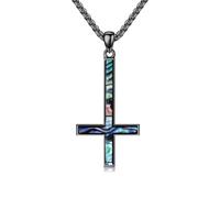 HUKKUN Upside Down Cross Necklace Sterling Silver Black Abalone Shell Inverted Cross Pendant Necklace Satanic Jewelry Gift for Women