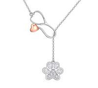 HUKKUN Veterinarian Necklace Sterling Silver Stethoscope Paw Lariat Necklace Vet Tech Appreciation Jewelry Gift for Women