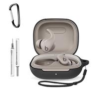 HUKWIMO Case for Beats Powerbeats Fit, Protective Soft Cover with Carabiner, Strap & Cleaning Pen, Shockproof Anti-Scratch, Wireless Charging Supported，Black