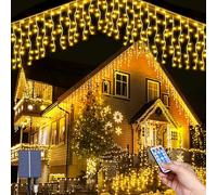 Hulaiyaa Solar Icicle Lights, 5M/16.4Ft Christmas Icicle Fairy String Lights with Remote Control, 32 * 2.6FT 256LEDs Waterproof LED Fairy Curtain Lights Derocation for Courtyard Garden Street Park