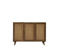 HULALA HOME Accent Storage Cabinet 3 Natural Rattan Doors & Wood Legs, 2-Tier Shelf Sideboard Buffet Boho Cupboard Console Table for Living Dining Room Entryway Hallway, ESPRESSO