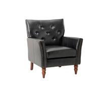 HULALA HOME Modern Faux Leather Accent Chair with Nailhead Trim, Button Tufted Armchair for Living Room Bedroom, Comfy Upholstered Sofa Reading Chair with Retro Wooden Legs, BLACK