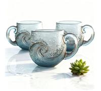 hulaliu 12OZ Handblown Sea Glass, Wave Mug Textured Ocean Wave Beach Theme Drinkware Handcrafted Glassware for Tea Coffee Wine Cocktails Unique Gift for Ocean Lovers,a-3pcs