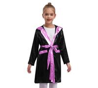 HULIJA Kids Boys Boxing Robe Halloween Costumes Metallic Satin Robe Open Front Hooded Grown Cloak with Belt Black&Pink A 13-14 Years